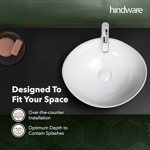 Image of Hindware Dew Table Top Wash Basin for Bathroom | Made of Ceramic | Star White | Oval Shape | Over the Counter Basin