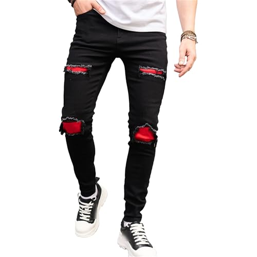 Distressed Tapered Leg Pants Slim Fit Casual Skinny Jean Ripped Stretch Denim Jeans for Men