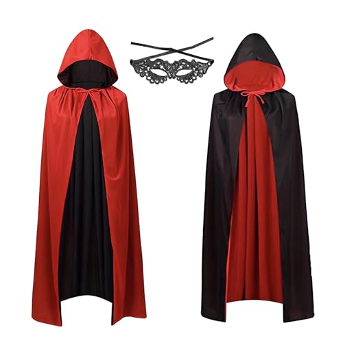 ZexJpr Roter Umhang, 140cm Vampir Kostüm, Kostüm Karneval mit Spitzenmaske, 2 Stück Vampir Umhang Set für Erwachsene und Jugendliche, vielseitig für Rollenspiele und Karnevalsparty