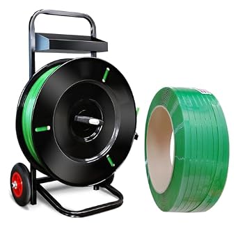 Polyester PET Strapping Roll of 16"x6" Core Size and Strapping Cart & Dispenser