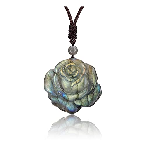 GEHECRST Labradorite Crystal Rose Flower Necklace Carved Natural Healing Crystal ...
