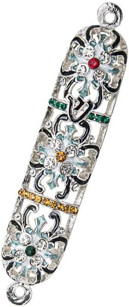 (D) Judaica Jeweled Silver Flower Mezuzah Case with Stones 5''