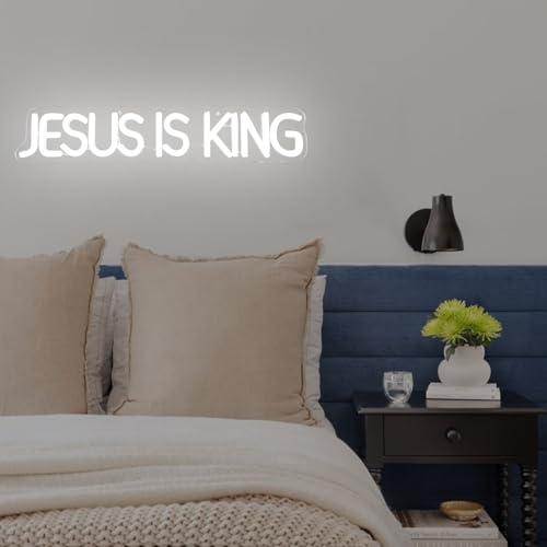 Image of Jesus Is King Neon Sign Jesus Led Sign Dimmable Christ Is King Neon Light Sign Easter Lights God Light Up Sign for Christian Wall Decor Easter Christmas Gifts