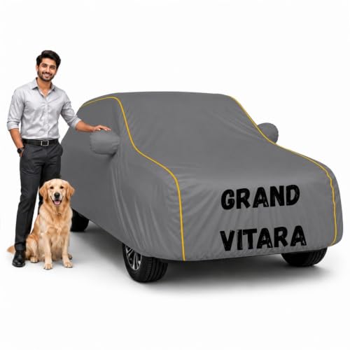 Image of Waterproof Car Cover for Grand Vitara | Soft Cotton Lining Heavy Duty Triple Stitched Heat Resistant Outdoor Cover Comes with Mirror and Antenna Pocket Full Bottom Elastic (Zig Zag Grey)
