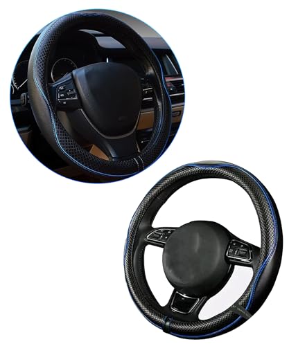 Xibao Funda Volante Coche,Cubierta de Volante de Cuero para Automóvil,Funda para Volante de Coche,para la Mayoría de los Automóviles con un Diámetro Exterior del Volante de 37–39 cm (Negro&Azul)