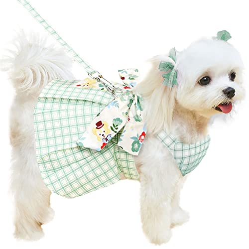 Abrrlo Cute Plaid Dog Dress Harness Leash Set For Small Medium Dog Cats Girl Green Summer Pet Clothes Bowknot Puppy Princess Dresses Holiday Party Costume Outfits Chihuahua Yorkie Clothing（Green,M） #TOP30