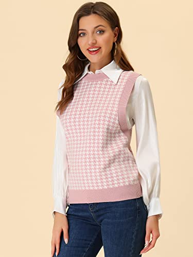 Allegra K Women's Round Neck Vest Sleeveless Houndstooth Plaid Knitted Sweater Medium Pink #TOP1