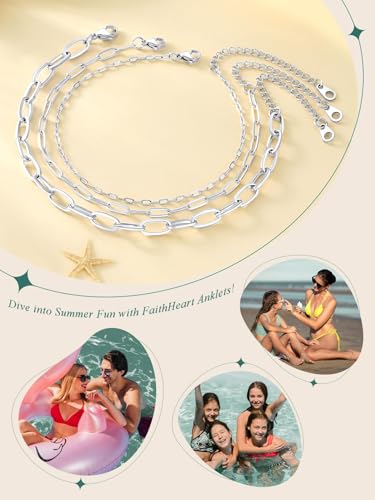 Image of FaithHeart Waterproof Ankle Bracelets for Women, 1 /2 /3Pcs Non Tarnish Stainless Steel Layered Anklet Set Paperclip Figaro Cuban Link Chain Dainty Summer Beach Jewelry Gift Adjustable Size