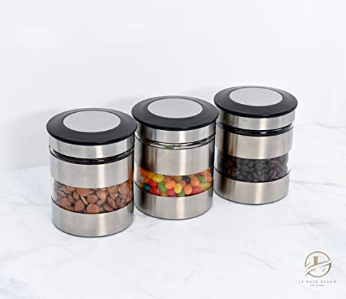 Le'raze Quality Stainless Steel Canister Set of 3 for Kitchen Counter with Glass Window & Airtight Lid - Food Storage Containers with Lids Airtight - Pantry Storage and Organization Set