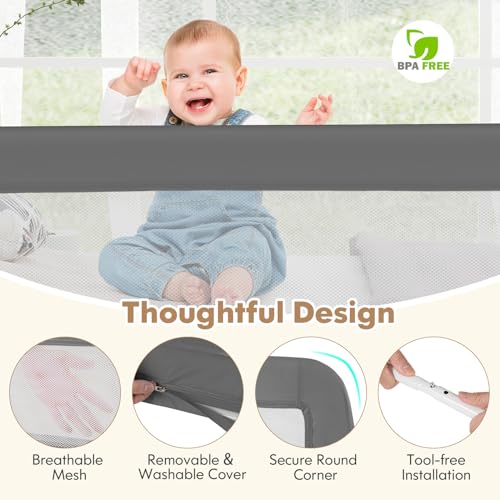 BABY JOY Bed Rails for Toddlers, 71\'\' Extra Long, Swing Down Bed Guard w/Safety Strap, Folding Baby Bedrail for Kids Twin, Double, Full Size Queen & King Mattress (71-Inch, Gray) - Thumbnail 3