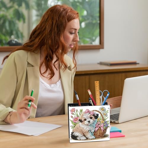 Image of DIY 5D Diamond Painting Pen Holder Organizer, Cute Puppy Dog Acrylic Pencil Cup with Special-Shaped Rhinestones, Decorative Office Supplies Storage for Home, School, Gift