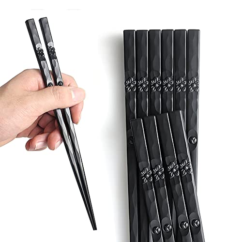 AOOSY 5 paires de baguettes en fibre de verre lavables au lave-vaisselle, style japonais beau modèle baguettes antidérapantes Sushi noir baguettes en alliage noir avec boîte-cadeau Cover