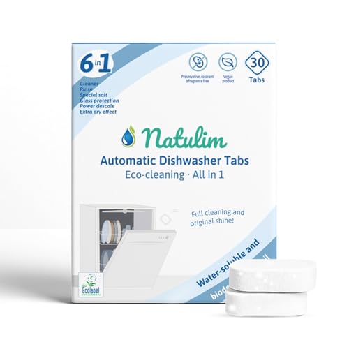 Natulim 6in1 Öko Spülmaschinentabs Geschirrspültabs ohne Plastik mit starker Reinigungskraft, Spültabs mit Entkalkung, Glanz & Glasschutz, Extra-Trockeneffekt & Spülmaschinensalz Funktion (30 Stück)