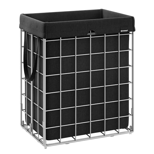 SONGMICS Dirty Laundry Basket 90L Foldable Bin, Bac, Removable and Washable Bag, Metal Frame, for Bedroom, Bathroom, Laundry Room, Silver and Black LCB190B01
