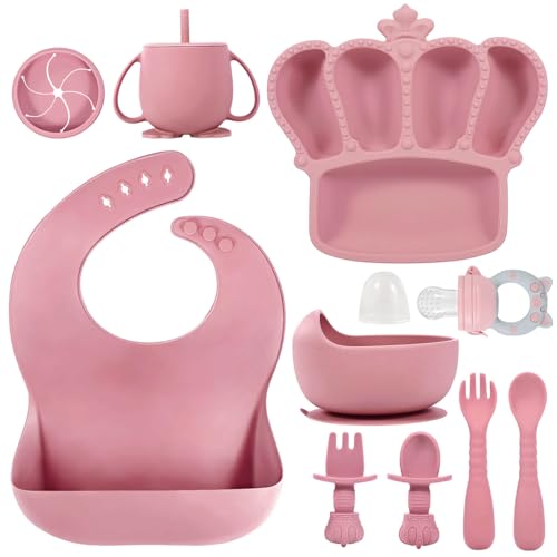 Image of Silicone Baby Feeding Set 10 Pcs Baby Led Weaning Supplies Suction Bowl Divided Plate Baby Bibs Fruit feeder Pacifier Baby Spoons Forks Sippy Cup Utensil Sets Baby Essentials for Newborn (Deep Pink)
