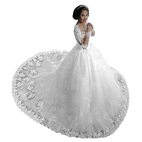 Chady Lace Princess Wedding Dress Ball Gowns 2021 Sexy Sheer Long Sleeves Boat Neck Sequins Beaded Wedding Bridal Gowns White