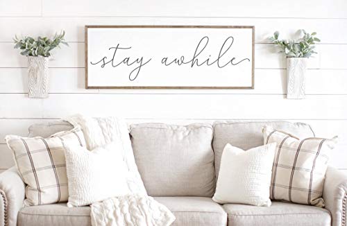 Tamengi Stay Awhile Sign | Stay Awhile Wood Sign | Living Room Signs | Living Room Wall Decor | Entryway Wood Sign | Wooden Signs | Signs for Home 6 X 20, zgH04vgf01tr-B200