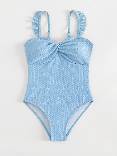 Wdirara Girl's Twist Front Ruffle Trim Ruched One Piece Swimsuit Cute Monokini Bathing Suits Light Blue 10Y #TOP3