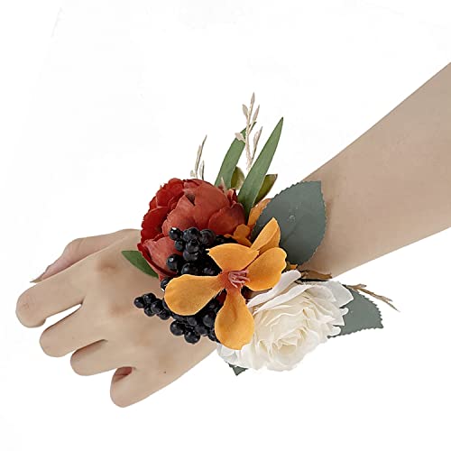 Rinlong Set of 6 Burnt Orange Wrist Corsage Wristlet Band Bracelet Wrist Flowers Wedding Bride Bridesmaid Flower Accessories Decoration