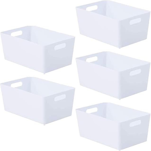 NIFTII Pack of 5 Plastic Storage Baskets with Handle Rectangular Kitchen Organiser Storage Box Home & Kitchen Storage Basket Strong Plastic Basket Storage Box Cupboard Storage Boxes (White)