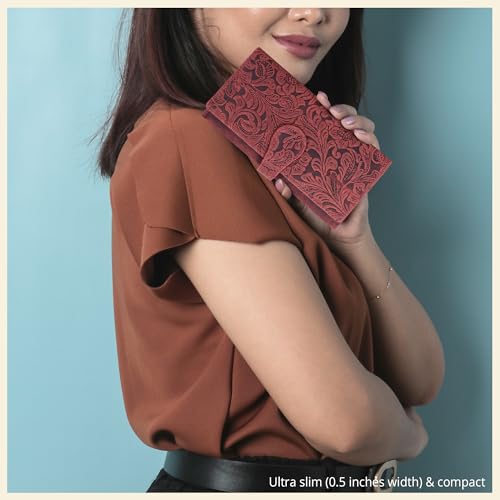 Image of Real Leather Women Wallet Leather with RFID Blocking -Trifold Card Holder Designer Ladies Clutch with ID Window Wallets, Red1, Small, Compact, Minimalist