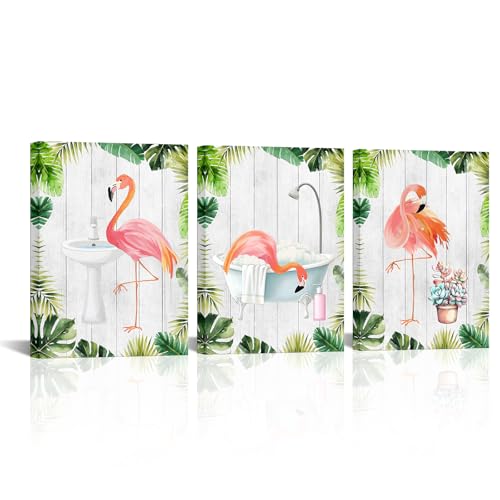 Biuteawal 3 Piece Flamingo Wall Art Bathroom Picture Decor Palm