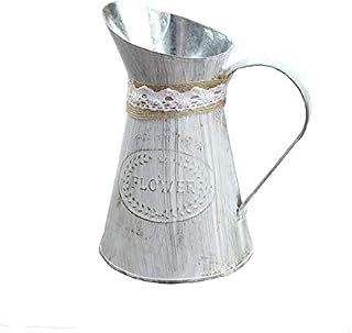 Rustic Iron Jug Vase, Vintage Tin Bucket Flower Retro Metal Flowers Pitcher Vases Galvanized Can Tin Pot for Home Office Christmas Decoration