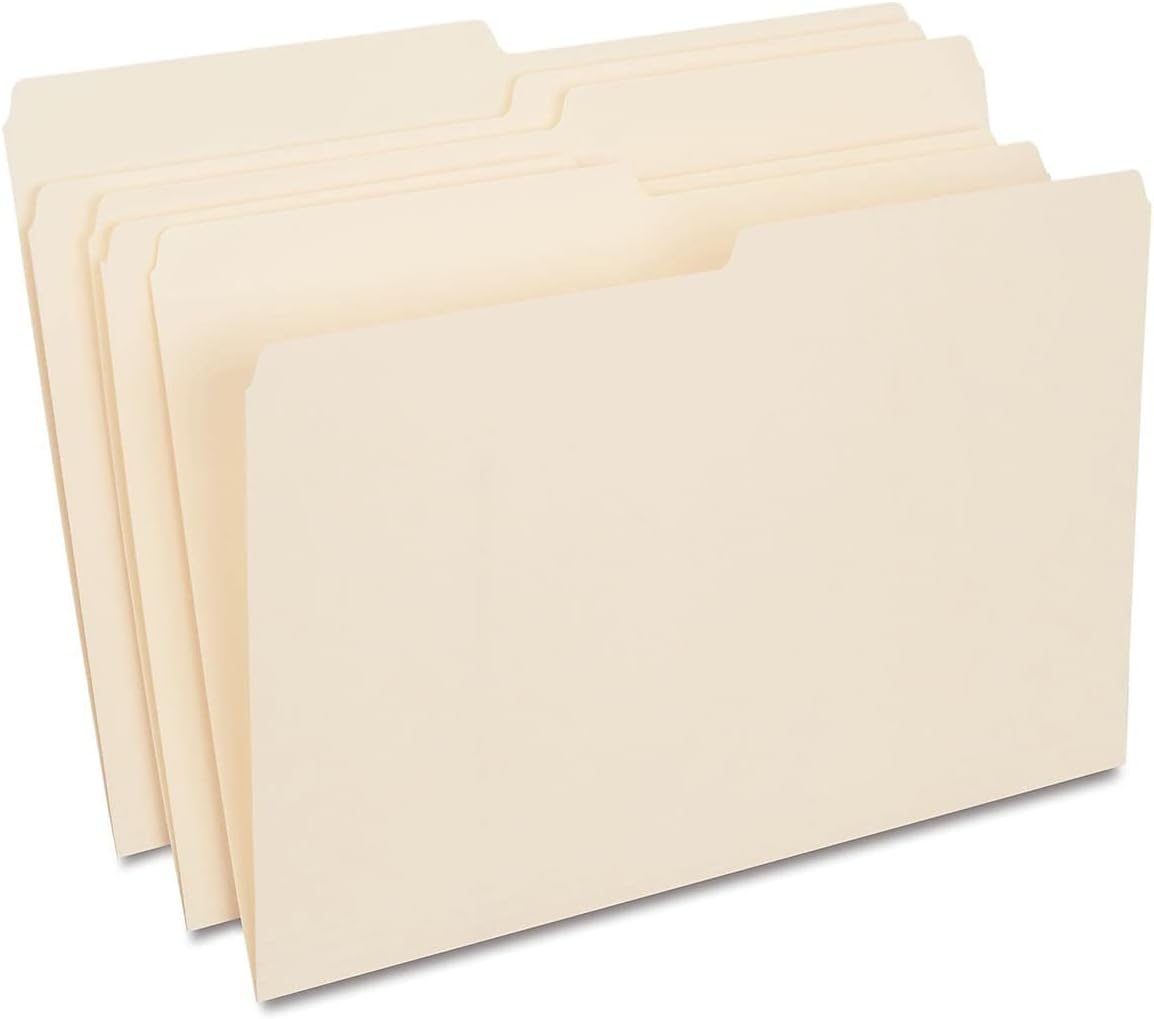 Staples Manila File Folders, Legal Size, 2‑Tab Assorted Positions, Durable Paper Stock, 100/Box