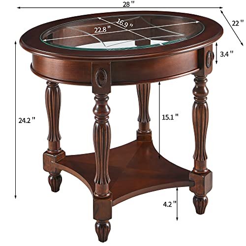 Moderion Solid Wood End Table With Tempered Glass, Oval Sofa Side Table With Storage Shelf, Carvings Side Elegant Vintage, Easy Assembly, For Living Room Walnut Cjz1533Gt #TOP3