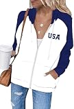 Dressmine Womens Oversized Patriotic T Shirt Long Sleeve Usa Hoodie with Pocket Zip Up Sweatshirts American Flag Drawstring Jacket XL