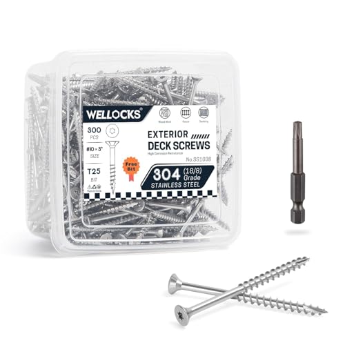 WELLOCKS Deck Screws 304 Stainless Steel #10×3" 300 PCS with T25 Star Torx Drive Flat Head Wood Screws High Corrosion Resistance for Outdoor Wood Fence(SS103B)