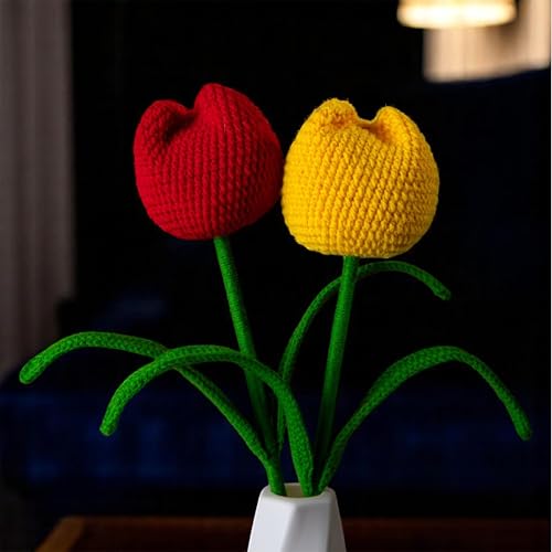Image of Tulip Crochet Flowers | Handcrafted Artificial Faux Woolen Flower with Long Stem | Natural Looking Knitted Flower for Home, Living Room, Vase & Bouquet Decoration & Gifting | Red & Yellow