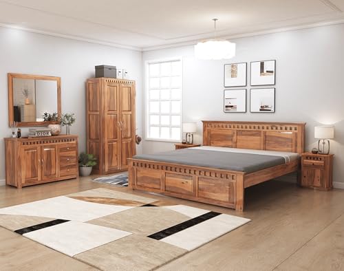 Image of SONA ART & CRAFTS Kuber Solid Sheesham Wood Bedroom Set | Queen Size Bed Without Storage, Wardrobe, Chest of Drawer & Two Bedside Tables - Natural Finish (Assembly Included)