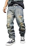 MZNBURAM Men's Ripped Regular Fit Straight-Leg Jeans - Streetwear Y2K Hip Hop Distressed Non-Stretch Denim Pants (40, Vintage Washed Blue)