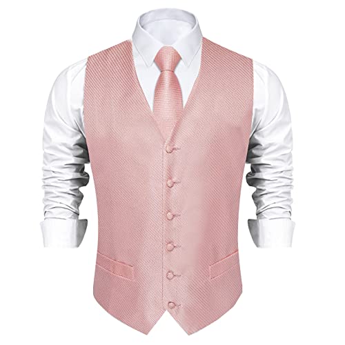Dibangu Pink Vest For Men Silk Formal Blush Suit Vest Solid Color Waistcoat And Necktie Set With Pocket Square Cufflinks Set Wedding #TOP2