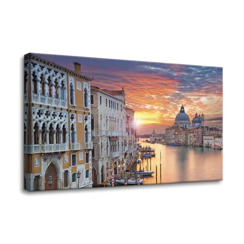 Pacimo Modern Wall Art Grand Canal in Venice Pictures Paintings Print on Canvas Sunset Cityscape Giclee Prints Artwork Gallery Wrapped Wall Decor Stretch and Framed Ready to Hang 12"x18"