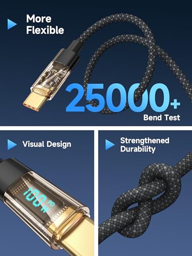 RAVIAD Kabel 100 W USB-C do USB-C, krótki, 15 cm, 5 A, szybkie ładowanie, PD QC5.0, z wyświetlaczem LED, do iPhone15 Pro Max, Galaxy S24/S23/S22/S21, Pad Pro, MacBook Air, tabletów, Huawei, Pixel