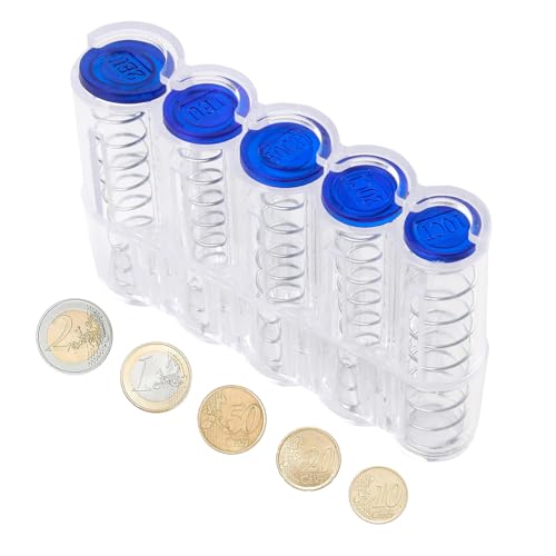 Münzbox mit 5 Fächern, Transparentes münzhalter auto, Kleingeldsortierer für 2€, 1€, 50 Cent, 20 Cent und 10 Cent, Robuste Kunststoffkonstruktion