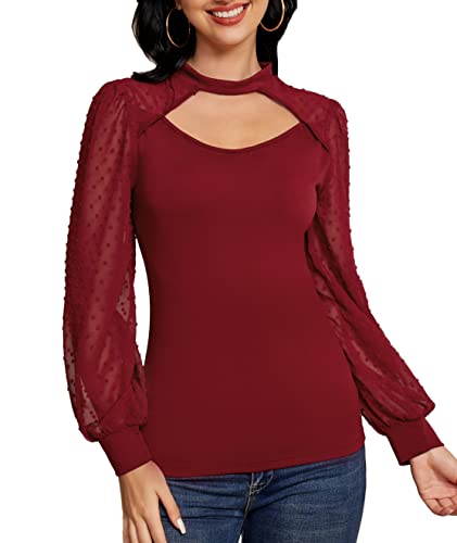 LIUMILAC Pull en tricot en forme de cloche à manches longues et petit col montant avec poche pour mesurer la poitrine et couper les fleurs - Multicolore, rouge vin, M Cover