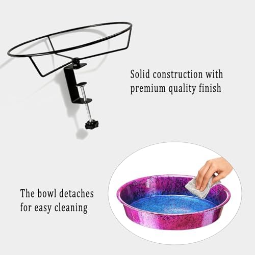 Metal Deck Bird Bath for Balcony Railing, Metallic Purple & Blue 11.5” Bathing Bowl & Feeder with Adjustable Steel Clamp Outdoor Garden Decor Yard Art (0.7 Gallon) — view 3