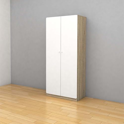 Danube Home Kinder 2 Door Wardrobe | Extra Sturdy Closet Clothes Storage Cupboard | Modern Design Space Saving Swing Door Cabinet For Bedroom L80xW45xH180cm - White/Sonoma Oak