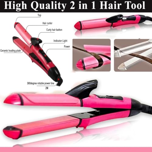 Image of nuovva 2-in-1 Mini Hair Straightener & Curler for Women | Ceramic Coated Plates, 30s Fast Heating Hair Styler (Pink) | Anti-Frizz Ionic Technology with 360 Swivel Cord & Travel Lock
