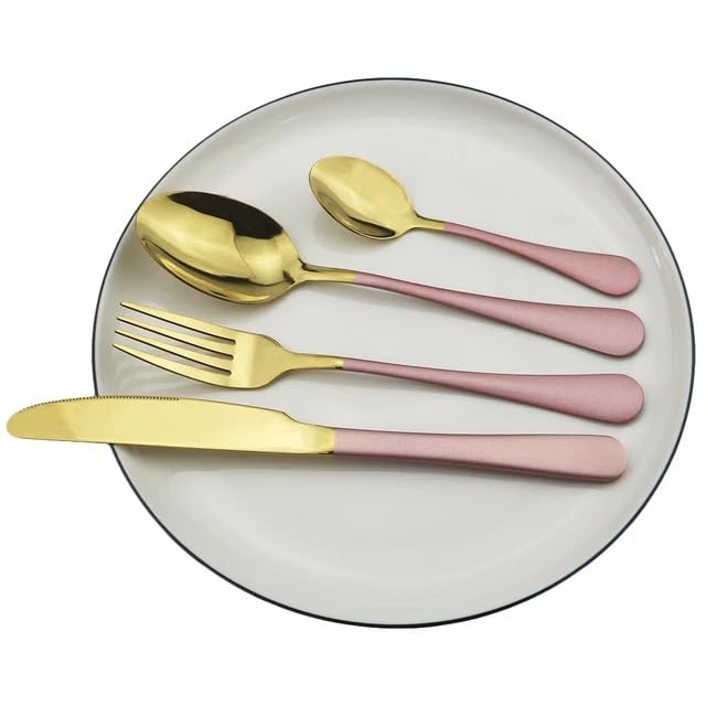 ONUIFIKE Silverware Set, 4/16/24/32/40/48 Pieces Pink Gold Stainless Steel Cutlery Set Steak Knife, Fork And Spoon Cutlery, Home Cutlery Flatware Set(Pink Gold,1Set-4Pcs)