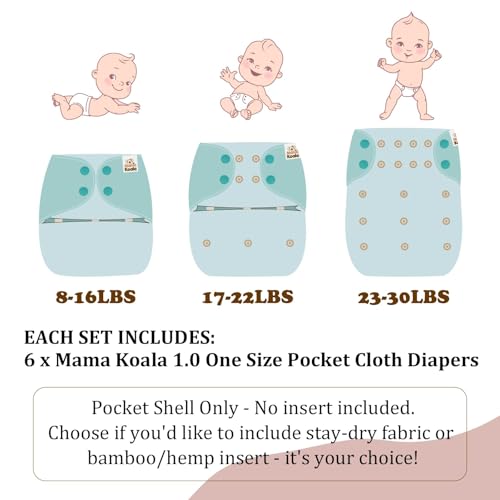 Image of Mama Koala 1.0 Cloth Diapers for Babies, 6 Pack Pocket Shell Only (NO Inserts) - One Size Washable and Reusable Pocket Diapers for Newborns and Toddlers - 160005