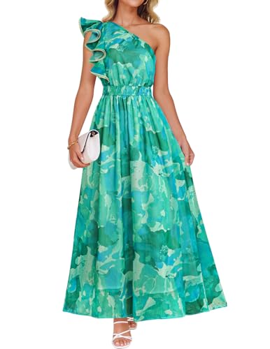 ZESICA Women's 2025 Boho Floral Sleeveless Maxi Dress Ruffle One Shoulder Elatsic High Waist Beach Party Long Dresses