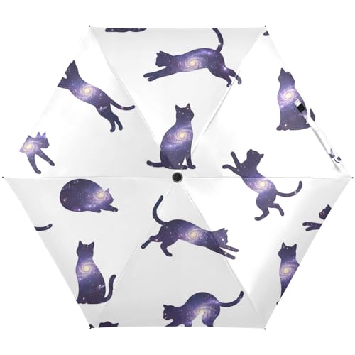 Parapluie de voyage résistant au vent imprimé chats violets et galaxie chic