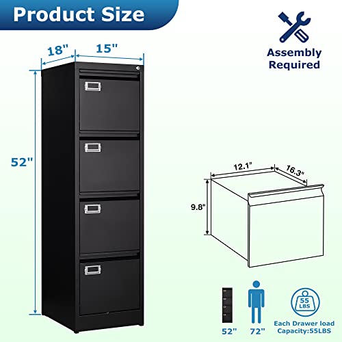 Afaif 4 Drawer File Cabinet With Lock, Metal File Cabinets For Home Office,18" Deep Vertical Black Filing Cabinets Office Storage Cabinet For Letter/Legal / A4 / F4 Size, And File Folders #TOP2