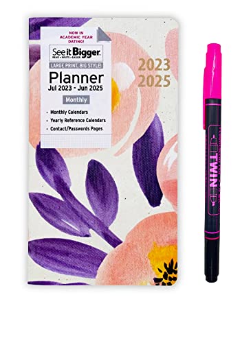 See It Bigger 2-Year Monthly Pocket Planner July 2023 - June 2025 6.75" X 3.75" And Suheyla Twin Fluorescent Pen (Floral) #TOP19