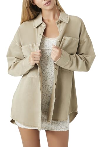 Forever 21 Camisa de Sarga con Botones para Mujer, Caqui, S