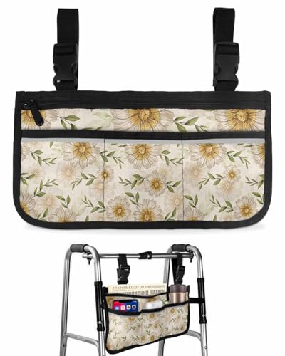 Anzona White Daisy Wheelchair Side Bag Walker Bag, Rustic Floral Botanical Beige Burlap Wheelchair Accessories Armrest Pouch, Organizer Storage Bag for Walkers, Rollators, Scooters, 7.3''x13''